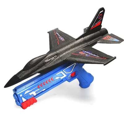 Launcher Flying Airplane Toys Throwing Kids Plane Toys Boys Birthday Gift (1 Launcher+2 Airplane Toys) - Black