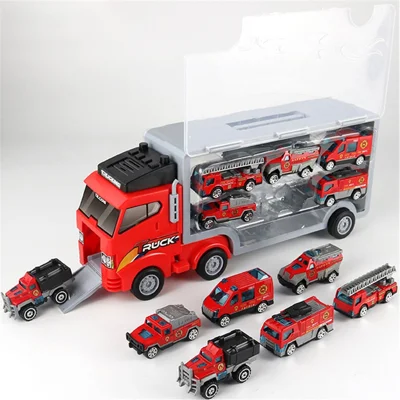 Camion da Carico con Binario Scorrevole con 6 Piccole Auto in Lega per Bambini Simulazione Camion dei Pompieri Veicolo per Bambini Giocattolo - Camion dei Pompieri