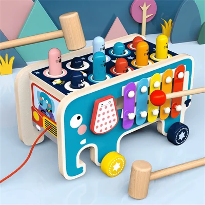 Baby Percussion Whack A Mole Wooden Elephant Drag Cart Hitting Hamster Children Educational Toy Gift - Blue