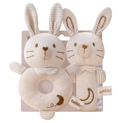 KAKIBLIN 2Pcs Cartoon Animal Baby Rattle Teether Set Organic Cotton Infant Soothing Doll Shaker Toy Gifts - Rabbit