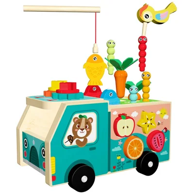 MWDH-2516 Multifunctional Wooden Farm Truck Shape Sorting Fishing Bead Maze Kids Early Educational Toy - Multi-color