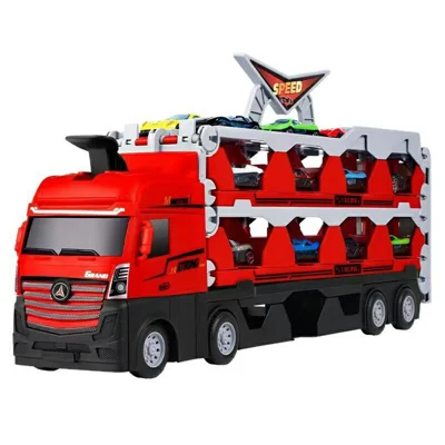 Camion jouet transformable pour enfants de 207 cm avec 8 voitures métalliques, camion remorque repliable - Rouge