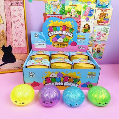 12 Stück / Box glitzernde, gesichtsbewehrte, weiche Brötchenform-Drückspiele mit Dampfgarbox, Stressabbau-Spielzeug, Drückspiele für Kinder und Erwachsene