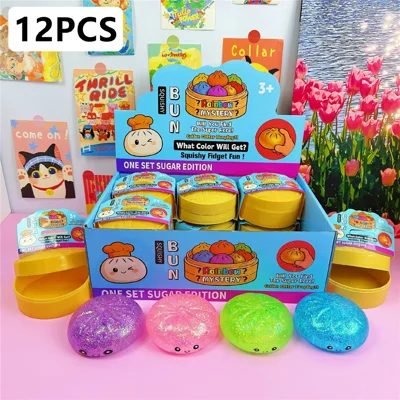 12 Stück / Box Glitzer-bunte, quetschbare Brötchen-Form Anti-Stress-Toys mit Dampfgarbox, Stressabbau- und Quetsch-Spielzeug für Kinder und Erwachsene
