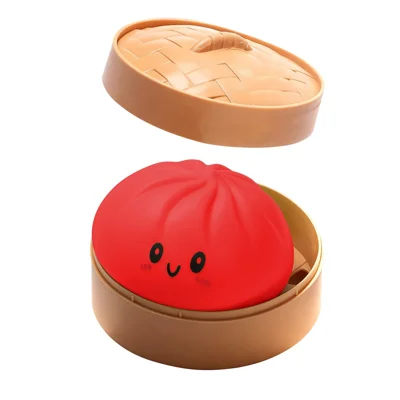 DOWMOO Cute Steamed Bun Shape Squeeze Toy with Steamer Box Slow Rising Stress Relief Toy Desktop Decoration - Bright Red