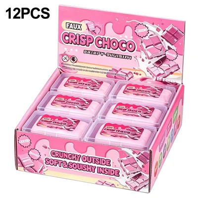 12 Stück Schokolade / Donut / Katzenpfote / Regenbogenbonbon knuspriges Drück-Spielzeug zur Stressbewältigung für Kinder Erwachsene - Rosa Schokolade