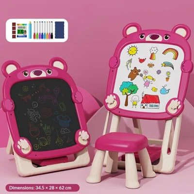 Faltbares beidseitiges Zeichenbrett mit verstellbarem Stativ, magnetische Tafel und Schiefertafel für Kinder – Bär
