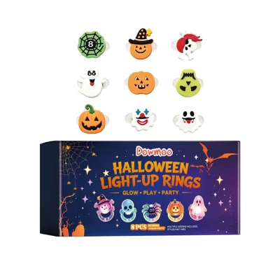 DOWMOO 8 szt./komplet Świetlne Pierścionki na Halloween z LED, różne wzory, świecące się pierścionki palcowe na imprezę halloweenową – 8 szt.
