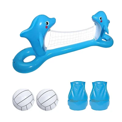 W-P1 Ensemble de support de volleyball gonflable, design double dauphin en PVC avec filet, 2 sacs de lest, ballon de 22 cm pour jeux piscine - Bleu clair
