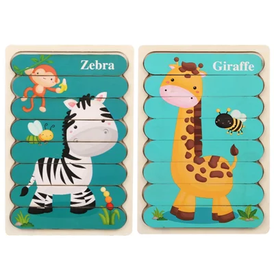 2 Stück / Set Kinderwaldnuchs Doppelseitiges Stangen-Puzzle Bildungsspielzeug Intellektuelles Spielzeug Geschenk Perfekt für Kinder ab 3 Jahren - Zebra + Giraffe