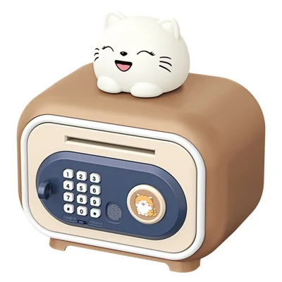 7606 Automatic Money Rolling ATM Deposit Machine Fingerprint / Key Unlock Piggy Bank Toy - Brown