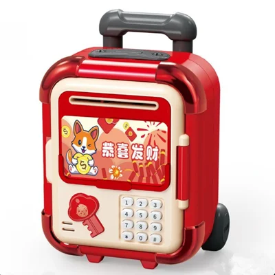2629-T7 / T8 Automatic Piggy Bank for Kids Rolling Luggage Design with Music, Smart Password Lock, Fingerprint Recognition, Savings Toy - Red
