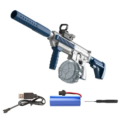 Pistola de Agua Eléctrica Y4-C M416 con Botella de Agua de PVC, Pistola de Agua Automática con Rociado Continuo para Niños, Juguete para Juegos al Aire Libre en Verano - Azul/Blanco