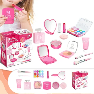 Children Pretend Play Makeup Set 11Pcs Cosmetics Kit Toy Role Play Beauty Accessories - Pink