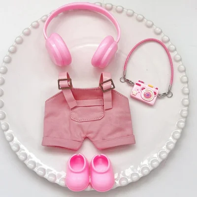 Doll Clothes Set with Overalls / Headphones / Camera / Shoes for 17cm 1st / 2nd / 3rd Dolls Costume Figure Outfit (No Doll) - Pink