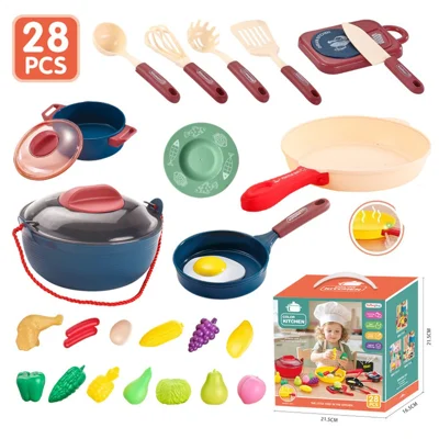 7718 28Pcs Children Play Kitchen Set Pretend Cooking Toy with Light / Sound Effects Educational Learning Toy - Blue
