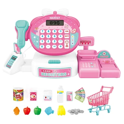 JJT912B Kids Pretend Play Cash Register Supermarket Shopping Cart Cashier Toy Set with Sound Light Calculator Function - Pink / Shopping Cart Accessories
