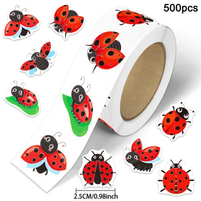 500 Unidades/Rolo 2,5 cm Autocolante de Joaninha em Desenho Animado em Papel Revestido para Recompensas em Sala de Aula
