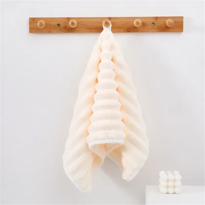 MJ-031 35x75cm Large Stripe Thickened Towel Facial Cleaning Coral Fleece Soft Water Absorption Towel - Beige