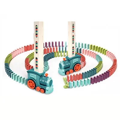 Automatic Laying Domino Blocks LED Light Sound Effects Electric Train Children Toy with 60 Dominoes - Blue
