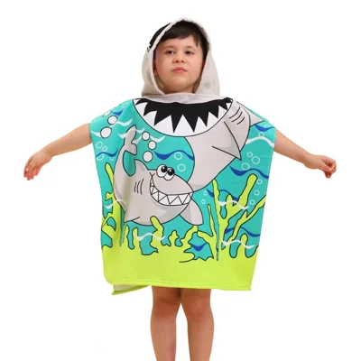 ETPF-1 Cartoon Children Hooded Cape Bath Towel Microfiber Kids Beach Bathrobe Poncho, 60x60cm - Shark