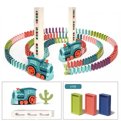 Automatic Laying Domino Blocks LED Light Sound Effects Electric Small Train Kids Toy with 120 Dominoes - Blue