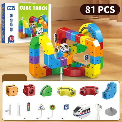 81-tlg. Magnetische Eisenbahn-Schienenset Bausteine Lernspielzeug zum Selberbauen Elektrische Eisenbahn für Kinder