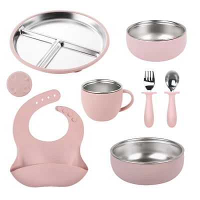 7Pcs Baby Feeding Tableware Set with Suction Base 304 Stainless Steel + Silicone Bowl Plate Divided Dish (BPA Free, No FDA) - Deep Pink