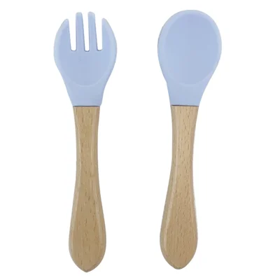 Baby Tableware Fork and Spoon Set Food Grade Silicone Kids Fork and Spoon Baby Feeding Tableware (with FDA, BPA-Free) - Sky Blue