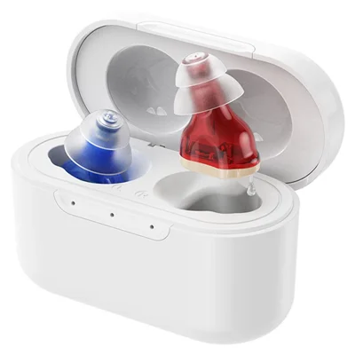 GM-931T Prothèse auditive invisible CIC rechargeable amplificateur de son vocal pour personnes âgées avec étui de chargement - Rouge / Bleu
