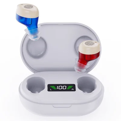 Aumentatore di Suono per Voce per Anziani con Display Digitale GM-902T, Apparecchio Acustico Ricaricabile con Custodia di Ricarica - Rosso Blu / Custodia Bianca