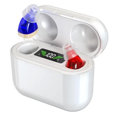GM-912T Audífonos con Diseño Ergonómico CIC con Estuche de Carga y Pantalla Digital LED, Amplificador de Sonido para Ancianos - Rojo Azul / Estuche Blanco