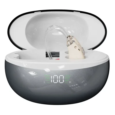 Audífono GM-313T RIC detrás de la oreja, amplificador de sonido digital inteligente de 16 canales con indicaciones de voz para personas mayores - Beige / Estuche negro