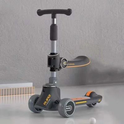 3 in 1 Kids Scooter with Seat Adjustable Height Foldable Kick Scooter for Children Ages 1 - 12 Years - Dark Grey