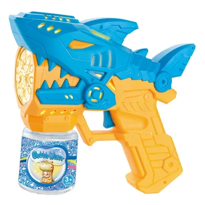 Pistolet à bulles électrique pour enfants, machine automatique à bulles lumineuse en forme de requin, jouet extérieur avec bouteille de solution à bulles - Jaune / Bleu