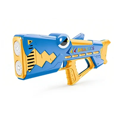 Pistolet à bulles électrique pour enfants en forme de requin, 24 trous, machine à bulles automatique avec lumière, rechargeable par USB avec bouteille de solution à bulles - Bleu