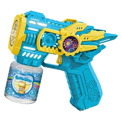 Pistolet à Bulles Électrique pour Enfants, Machine Automatique à Bulles Multitrous avec Lumières LED, Design d'Engrenage, Jouet d'Extérieur avec Bouteille de Solution à Bulles - Bleu