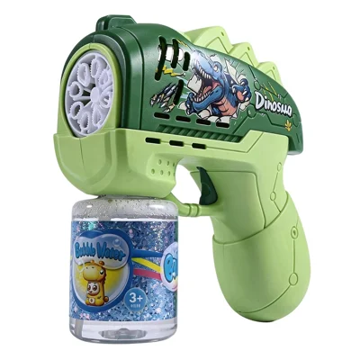 333-01A Jouet pistolet à bulles dinosaure dessin animé, machine à bulles électrique automatique portable avec lumières LED, jouet pour enfants extérieur - Vert