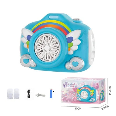 Machine à bulles électrique rechargeable 333-61, jouet machine à bulles en forme d'appareil photo pour enfants avec effets de lumière et musique - Bleu