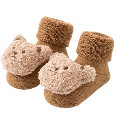 Cartoon Animal Winter Anti-Slip Baby Socks Elastic Cotton Middle Tube Toddler Walking Socks - Coffee / S