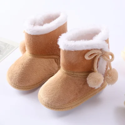 Polar Fleece Winter Toddler First Walking Shoes Non-Slip Baby Booties with Pompom Decor - Coffee / Size 12
