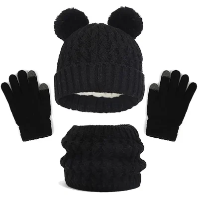 Kids Winter Hat Gloves Scarf Set Warm Knitted Beanie Neck Gaiter Hand Gloves Kit for Toddlers - Black