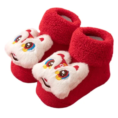 New Year Anti-Slip Baby Floor Socks Cute 3D Cartoon Winter Toddler Walking Socks - White Dancing Lion / S