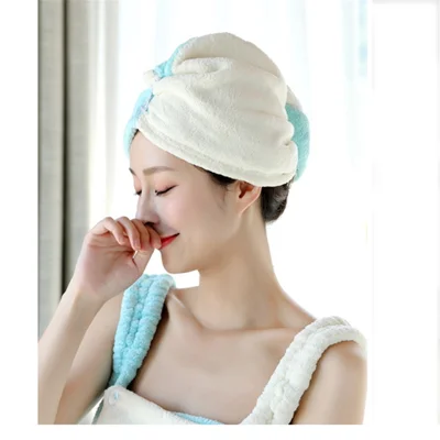 Contrast Color Water Absorbent Coral Fleece Dry Hair Towel Wrap - Blue / Beige