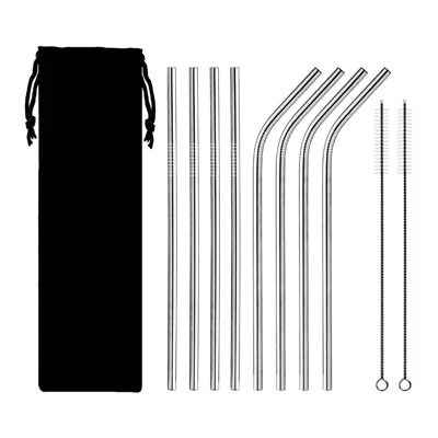 8Pcs Stainless Steel Metal Reusable Straws 8.5'' Bent and Straight Drinking Straw with 2pcs Cleaning Brushes - Silver