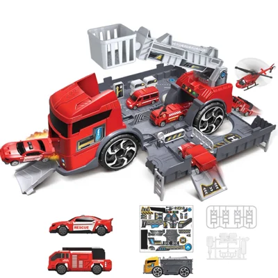 Kids Puzzle Toy Deformation Fire Engineering Vehicle Storage Parking Lot Car Model Set - Red