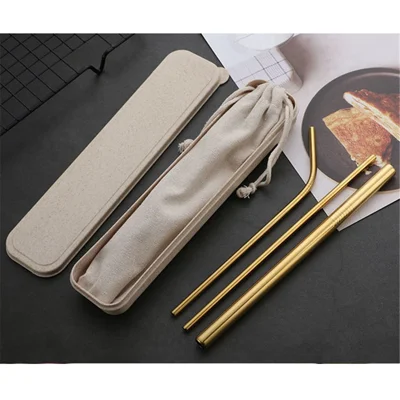3Pcs Stainless Steel Reusable Drinking Straws + 1 Cleaning Brush Kit - Gold