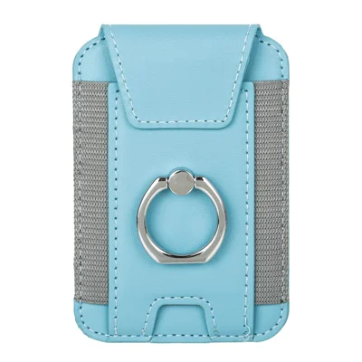 Magnetic Card Holder Ring Grip Kickstand PU Leather Card Sleeve Pocket - Baby Blue