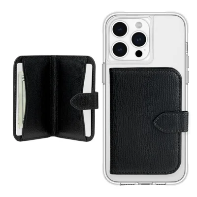 Magnetic Card Holder Genuine Cow Leather Bifold Card Sleeve - Black