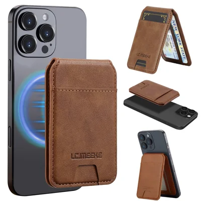 LC.IMEEKE Telefoon Magnetische Kaarthouder RFID Blokkering Kaartslots Lederen Standaard - Bruin